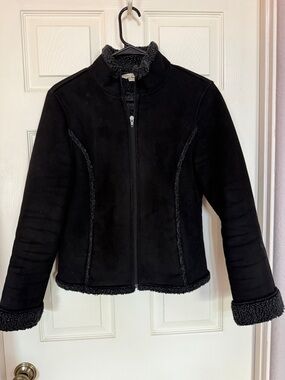 L.L. Bean Black Sherpa Jacket with Floral Embroidery